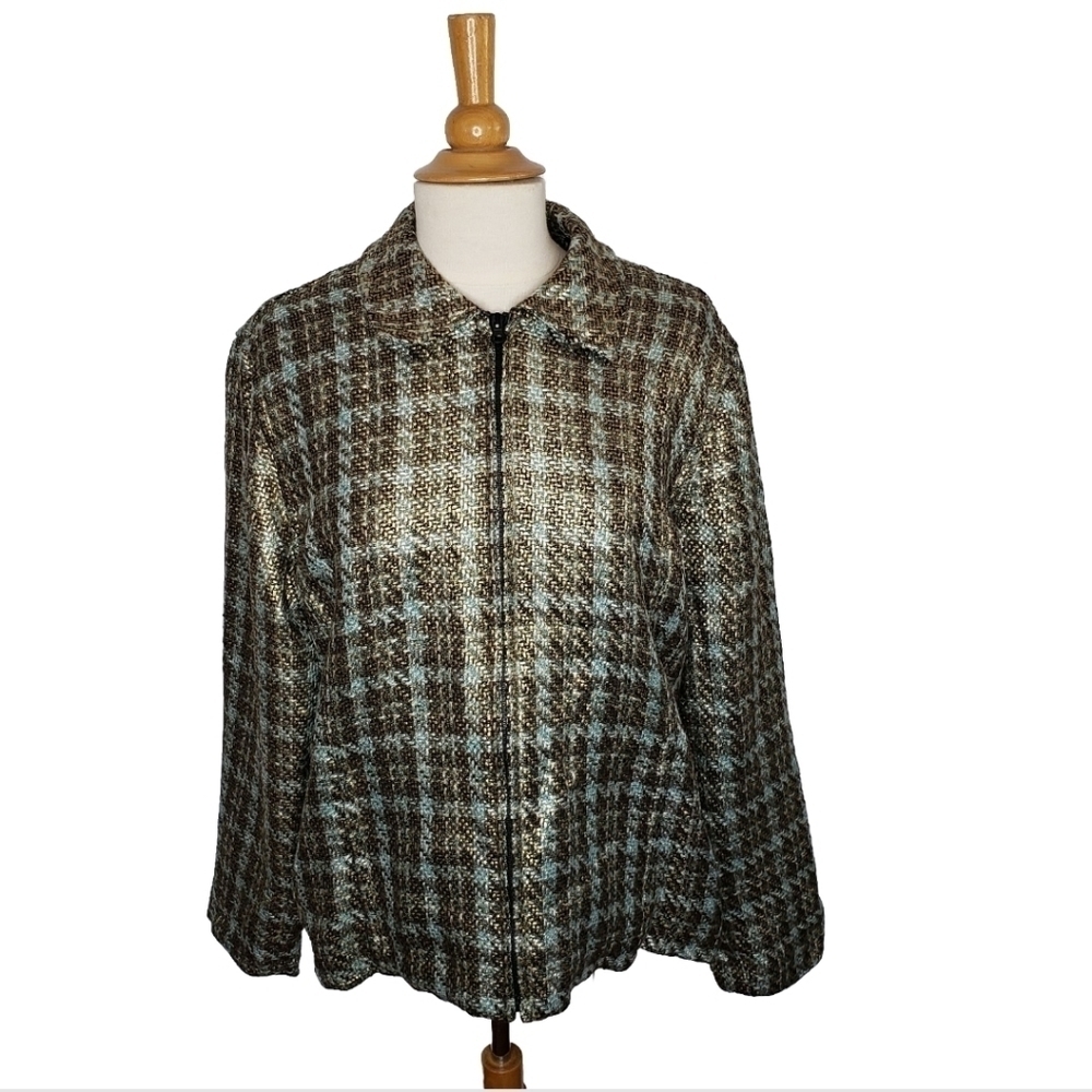 Chicos Tweed Houndstooth Plaid Metallic Zip Front Jacket Pockets Size 2 Medium